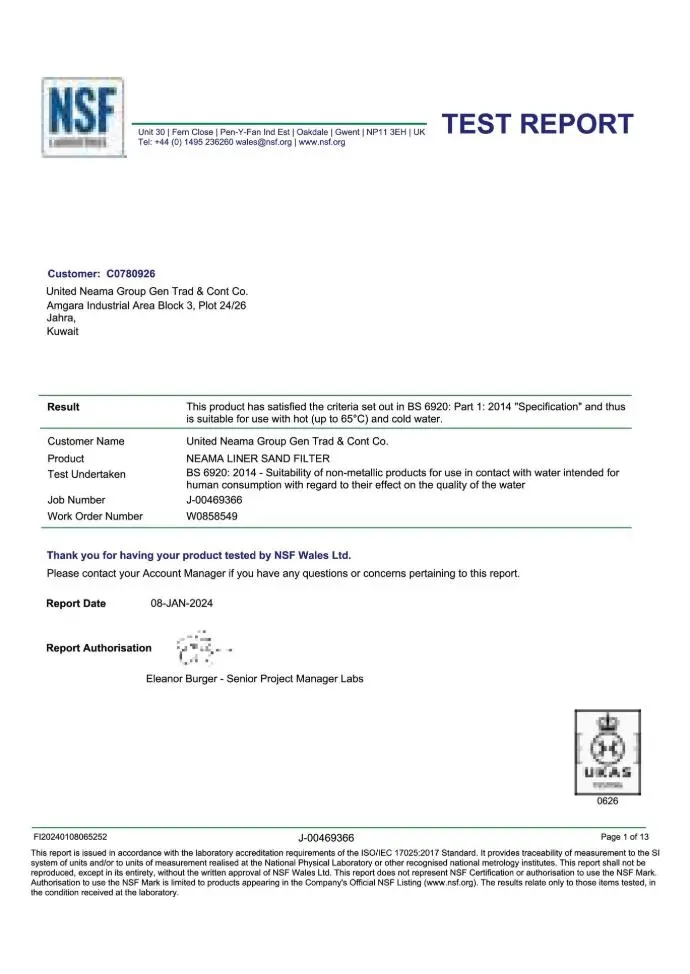 NSF Certified Drinking Water Safety & Purity | Neama Group Potable Water Tank Systems Kuwait Neama Water Tanks International NSF Test Report for Safe Potable Drinking Water - Non-Toxic Food-Grade Virgin LLDPE & Zero Styrene GRP Panels Preventing Algae and Bacteria Colonization in Extreme Gulf Climates