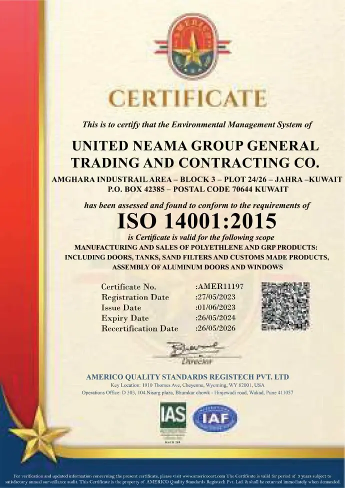ISO 14001:2015 Environmental Certification | Neama Group Sustainable Water Storage Engineering Kuwait Neama Group ISO 14001:2015 Environmental Management Certification Kuwait - Eco-Friendly Sustainable Manufacturing of Polyethylene, GRP, and Underground FRP Water Tanks Approved by Kuwait Municipality & State Ministries Since 1960